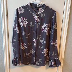 Floral Gray Blouse with Ruffle Sleeves